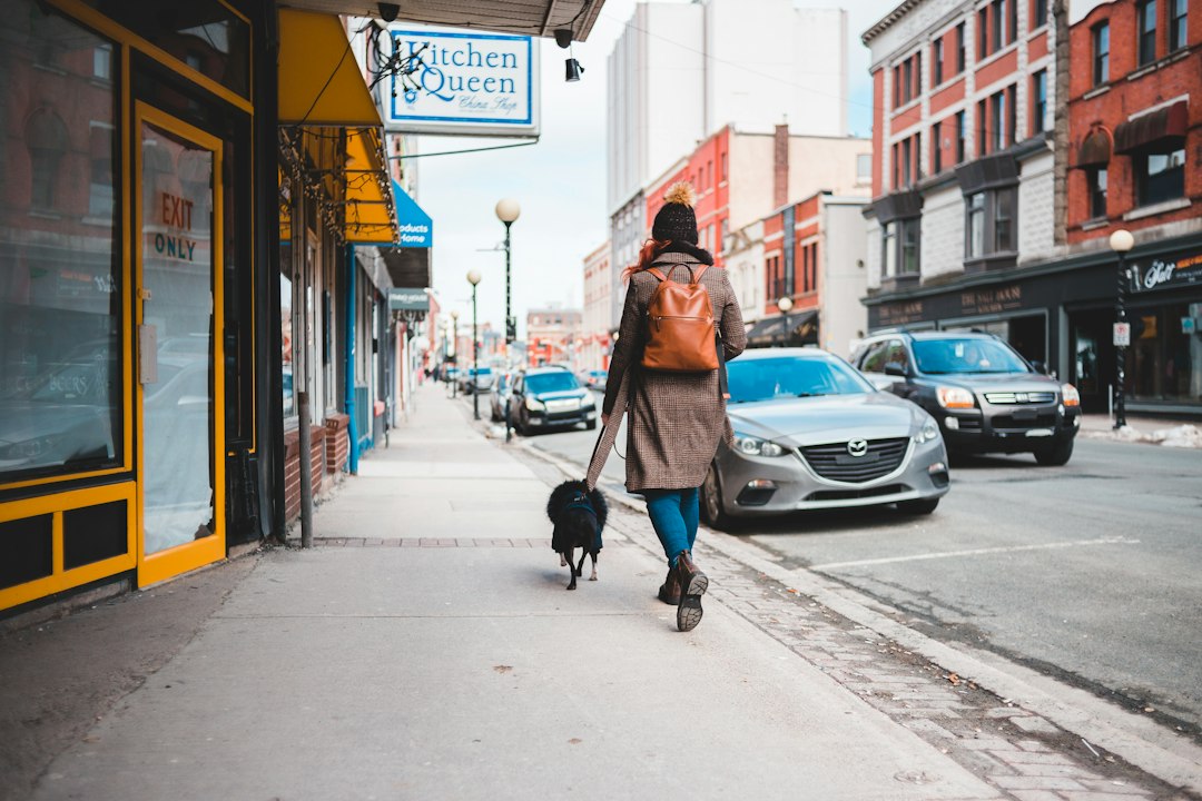 ADA service dog — woman in brown coat walking on sidewalk with dog during daytime
